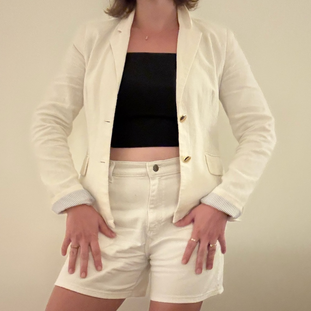 White Linen Blend Tailored Blazer with Gold Buttons | Size 4 - Picture 8 of 10